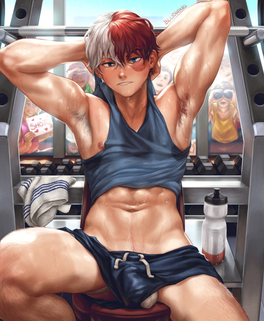 1boy armpit_hair armpits arms_behind_back being_watched bludwing gay gym gym_shorts happy_trail jockstrap leg_hair male_only my_hero_academia navel navel_hair nipple nipple_slip people_in_background pubic_hair_peek public shirt_lift shorts_aside shouto_todoroki sweat tagme under_clothes underwear underwear_peek upshorts