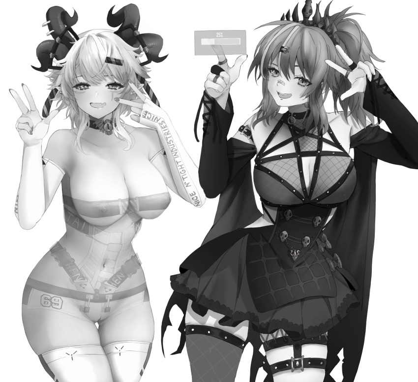 2girls areolae big_breasts black_and_white breasts froot horns lich lvl1hp0 melody_(projektmelody) nipples nude nude_female opacity outfit_swap pointy_ears projektmelody pussy virtual_youtuber vshojo