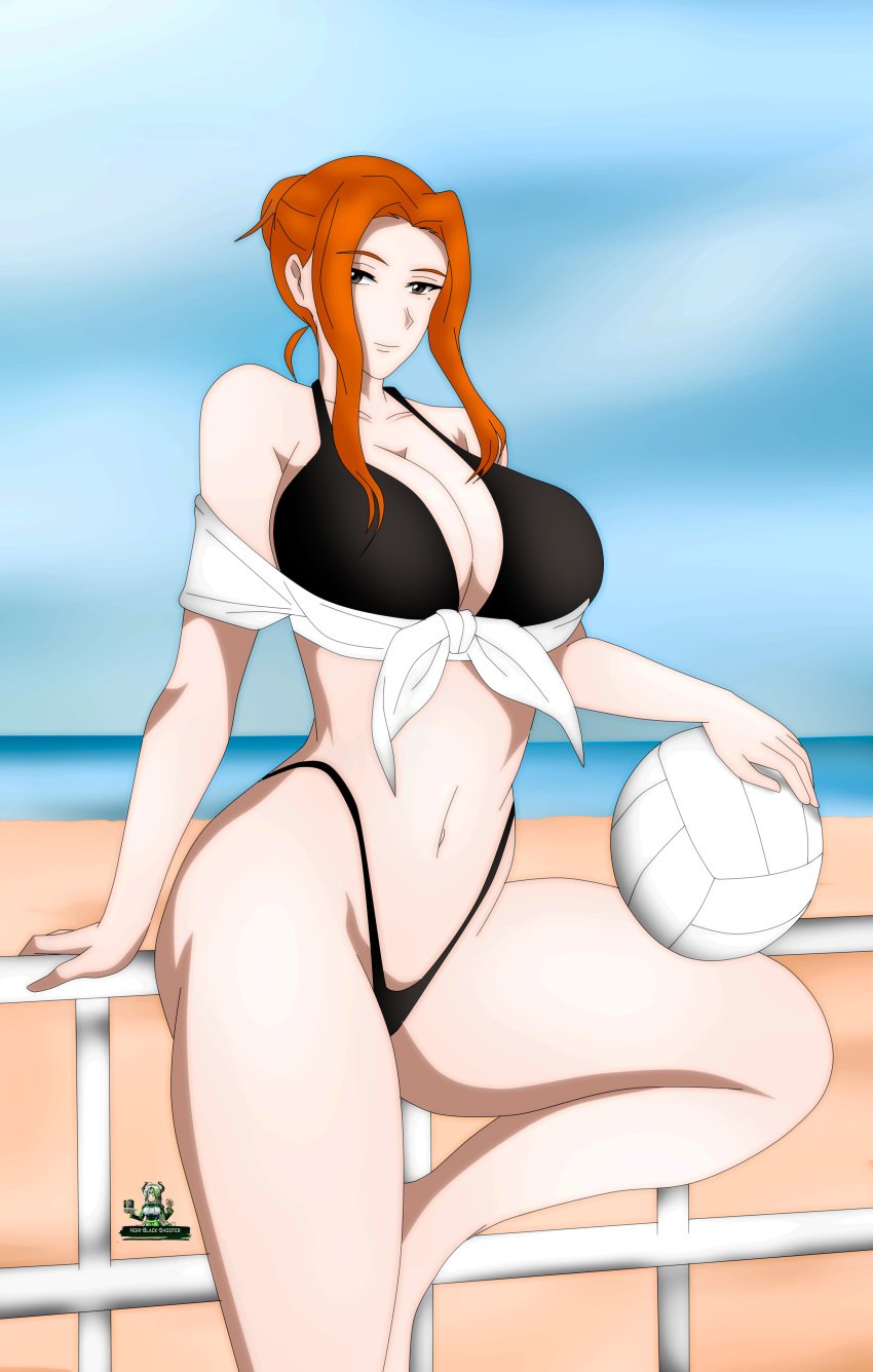 big_breasts bikini black_bikini brown_eyes female huge_breasts milf noir-black-shooter orange_hair tachibana-san-chi_no_dansei_jijou tachibana_kyouka volleyball volleyball_(ball)