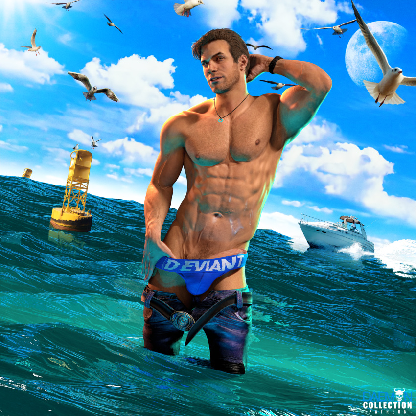 arm_up beach belt brown_hair bulge_to_side clouds daemoncollection detroit:_become_human gavin_reed hand_behind_head looking_at_viewer male male_focus male_only moon necklace pants_down pulling_down_thong seagull seagulls smiling_at_viewer standing_in_water tagme thong yacht