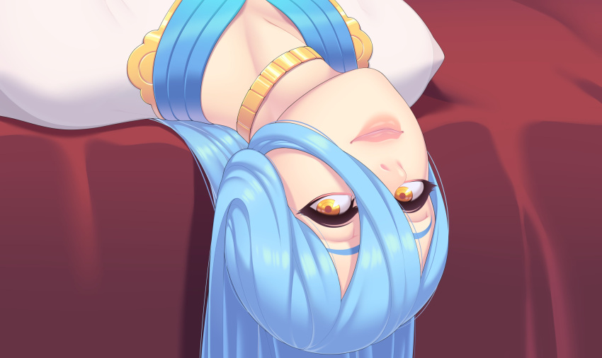 azura_(fire_emblem) bedroom bedroom_eyes blue_hair close-up face fire_emblem fire_emblem_fates light_blue_hair lying lying_on_back on_back on_bed red_bed_sheet seios smile upside-down