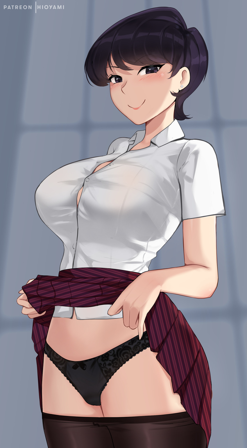 1girls 2022 2d artist_name black_eyes black_hair black_panties breasts female female_only flashing_panties hioyami hips komi-san_wa_komyushou_desu komi_shuuko large_breasts lifting_skirt light-skinned_female light_skin mature_female milf mother pale-skinned_female pale_skin panties picot_trim picot_trim_panties school_uniform short_hair showing_panties skirt_lift slim_waist smile thick_thighs thighs watermark wide_hips