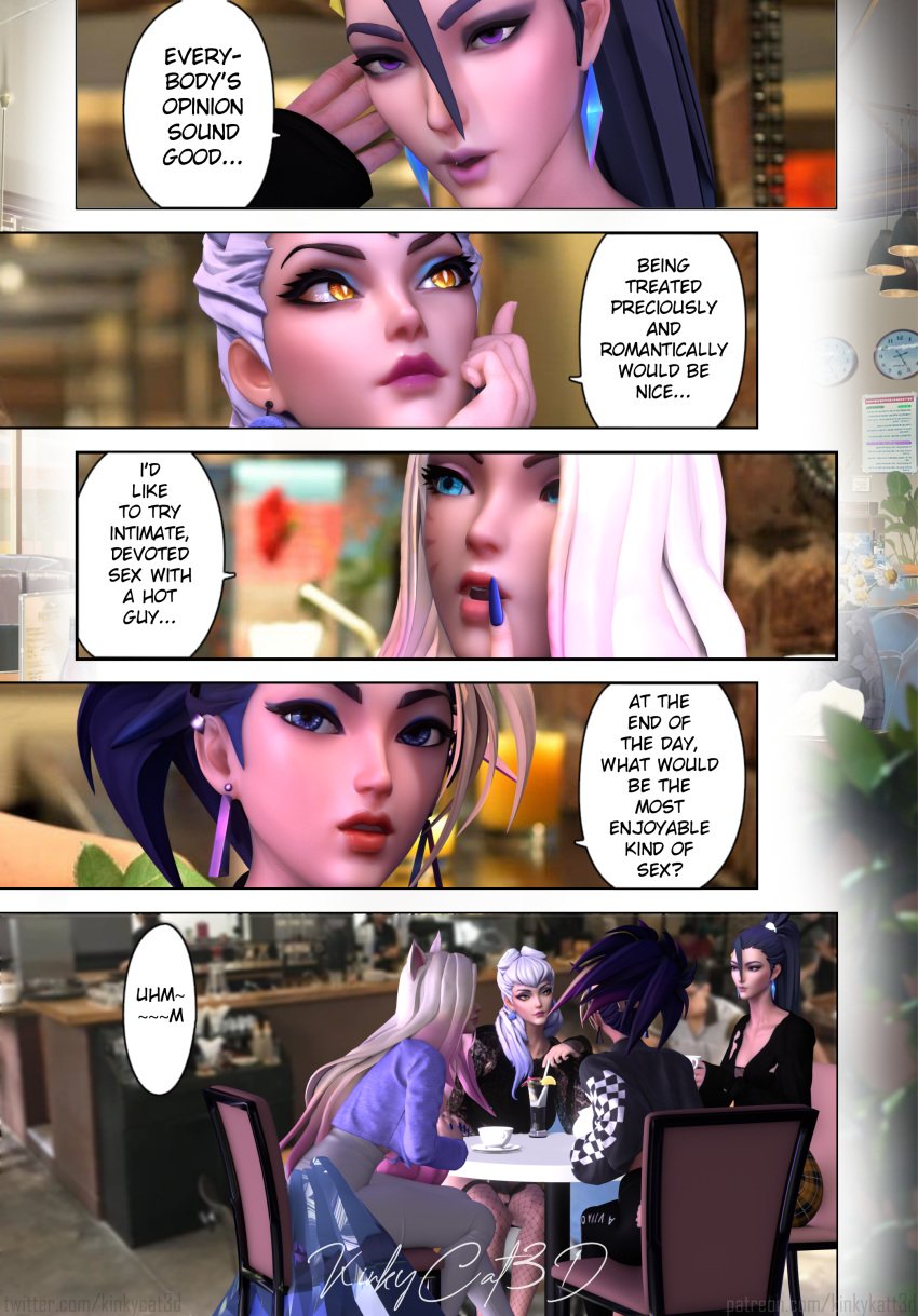 3d 4girls ahri akali comic dialogue evelynn fully_clothed k/da_all_out_ahri k/da_series kai'sa kinkykatt3d league_of_legends light-skinned_female looking_at_viewer looking_away restaurant tagme talking text_bubble