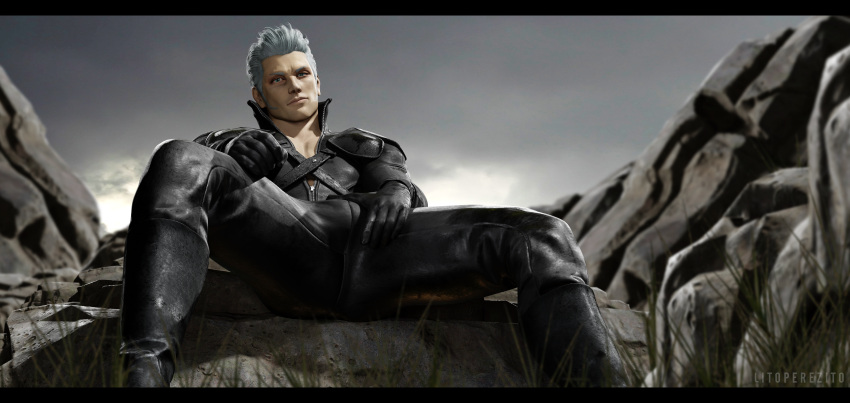 boots bulge bulge_through_clothing daemoncollection final_fantasy final_fantasy_vii fully_clothed gay gloves grass hand_on_bulge jacket leather_clothing leather_jacket legs_apart legs_held_open legs_spread looking_at_viewer loz male male_focus male_only manspreading silver_hair sitting sitting_on_rock tagme