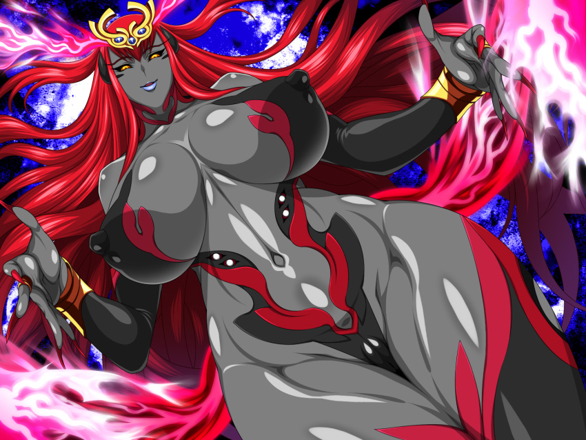 artist_request black_sclera black_skin blue_lipstick female genie imposing large_breasts painted_nails red_hair sharp_nails thick_thighs wide_hips yellow_eyes