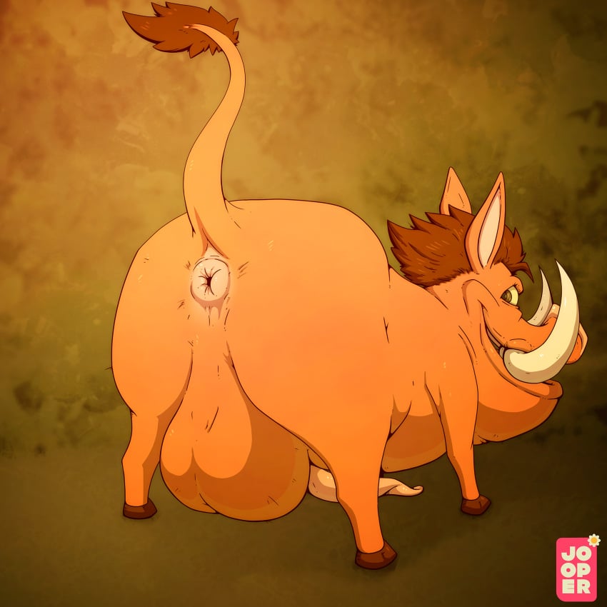 anatomically_correct animal_genitalia animal_penis anus ass balls big_balls disney feral feral_only genitals hi_res hooves huge_balls jooper looking_back male mammal penis porcine_penis presenting presenting_hindquarters pumbaa raised_tail smile solo suid suina the_lion_king tusks warthog