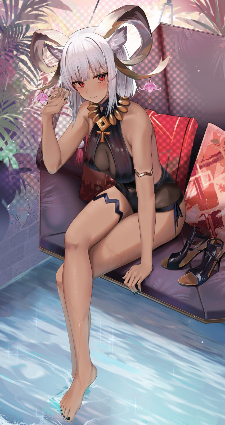 1girls arknights bare_shoulders barefoot big_breasts blush breasts breasts_visible_through_clothing carnelian_(arknights) cleavage crossed_legs dark-skinned_female embarrassed female female_only high_heels high_heels_removed highres horn_accessory horns legs long_legs looking_at_viewer nail_polish nails one-piece_swimsuit one_hand_up pillows pool red_eyes ru_zhai shoes_removed short_hair shy sitting solo swimsuit thigh_strap toenail_polish water wet_skin white_hair