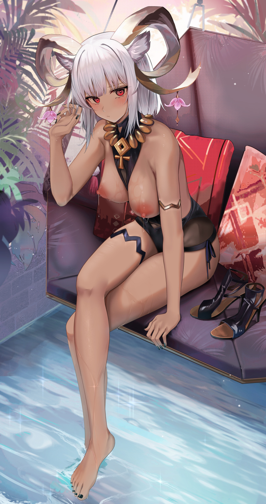 1girls arknights bare_shoulders blush carnelian_(arknights) crossed_legs dark-skinned_female dripping embarrassed female female_only heart-shaped_pupils high_heels high_heels_removed highres horn_accessory horns legs long_legs looking_at_viewer nail_polish nails one-piece_swimsuit one_hand_up pillows pool pout pouting red_eyes ru_zhai shoes_removed short_hair sitting solo swimsuit thigh_strap toenail_polish water wet_breasts wet_skin white_hair