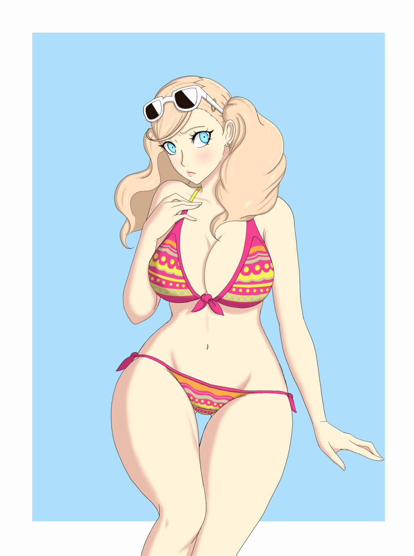 ann_takamaki big_ass big_breasts bikini blonde_hair blue_eyes breasts cleavage eyewear_on_head large_breasts nahone_peko persona persona_5 sunglasses sunglasses_on_head swimsuit teenager thick_thighs thin_waist tongue twintails wide_hips