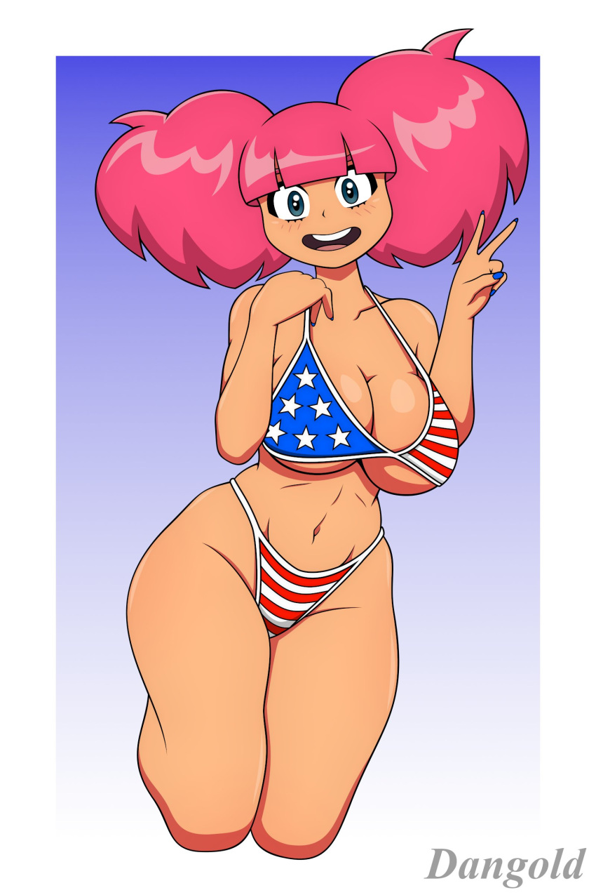 1girls american_flag_bikini bikini blue_background blue_eyes blush dangold gradient_background high_guardian_spice large_breasts looking_at_viewer navel painted_nails peace_sign pink_hair rosemary_(high_guardian_spice) smile solo white_background