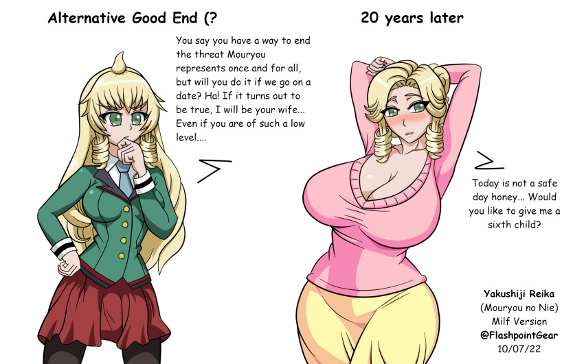 1girls age_progression aged_up alternate_breast_size alternate_costume alternate_hairstyle big_breasts blonde_hair breasts cleavage female_only flashpoint_gear_(artist) good_end green_eyes hourglass_figure housewife huge_breasts mature_female milf milfication mouryou_no_nie uniform white_background yakushiji_reika