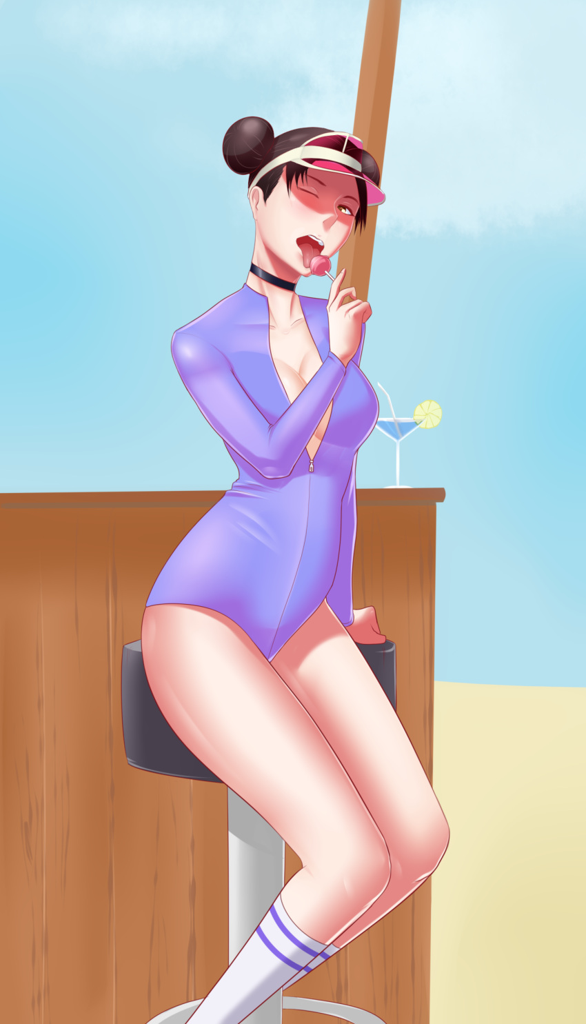 1girls bar bare_legs blush bodysuit breasts candy cap carasick chair choker cleavage double_bun glass hair_bun holding_food holding_object licking licking_lollipop lolipop martini martini_glass naruto naruto_(series) naruto_shippuden no_bra ocean one_eye_closed outdoors palm_tree revealing_clothes sand sea seaside sitting_on_chair socks solo solo_focus table tenten tied_hair unzipped unzipped_bodysuit visor visor_cap