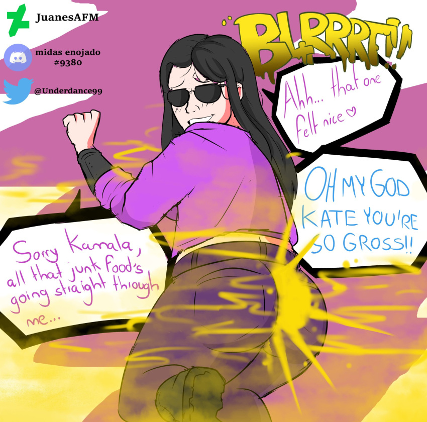 black_hair black_shoes fart fart_cloud gassy juanesafm_(artist) kamala_khan kate_bishop looking_pleasured marvel marvel_comics pink_shirt purple_pants sunglasses wet_fart