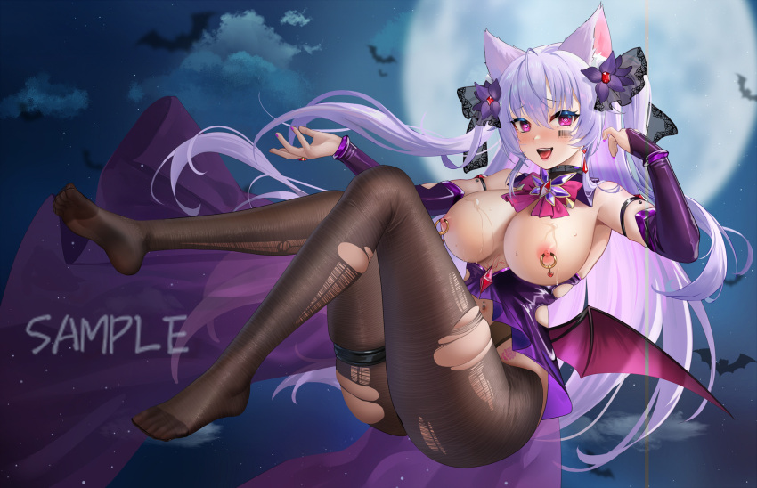 animal_ears bangs barcode barcode_tattoo bat_wings breasts elbow_gloves female fh_moya full_body gloves hair_between_eyes heart heart-shaped_pupils highres large_breasts long_hair looking_at_viewer low_wings navel_piercing night nipple_piercing nipples no_shoes open_mouth original pantyhose piercing pink_eyes purple_hair sample_watermark solo symbol-shaped_pupils tattoo thigh_strap tongue torn_pantyhose upper_body wings