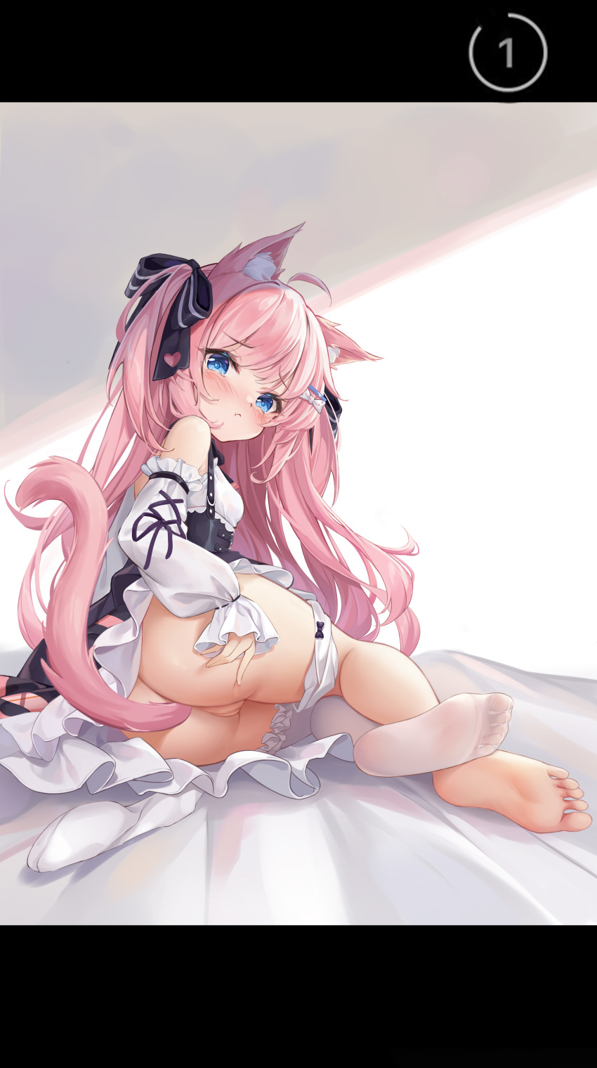 :t absurdres ahoge anal anal_object_insertion anal_tail animal_ear_fluff animal_ears ass bangs barefoot black_bow black_skirt blue_eyes blush bow bow_panties breasts cannian_dada cat_ears cat_tail detached_sleeves fake_tail female from_behind hairbow high-waist_skirt highres letterboxed long_hair looking_at_viewer looking_back object_insertion on_bed original panties panties_around_one_leg pink_hair pout pussy shirt single_thighhigh skirt small_breasts soles solo tail thighhighs underwear very_long_hair white_shirt white_thighhighs