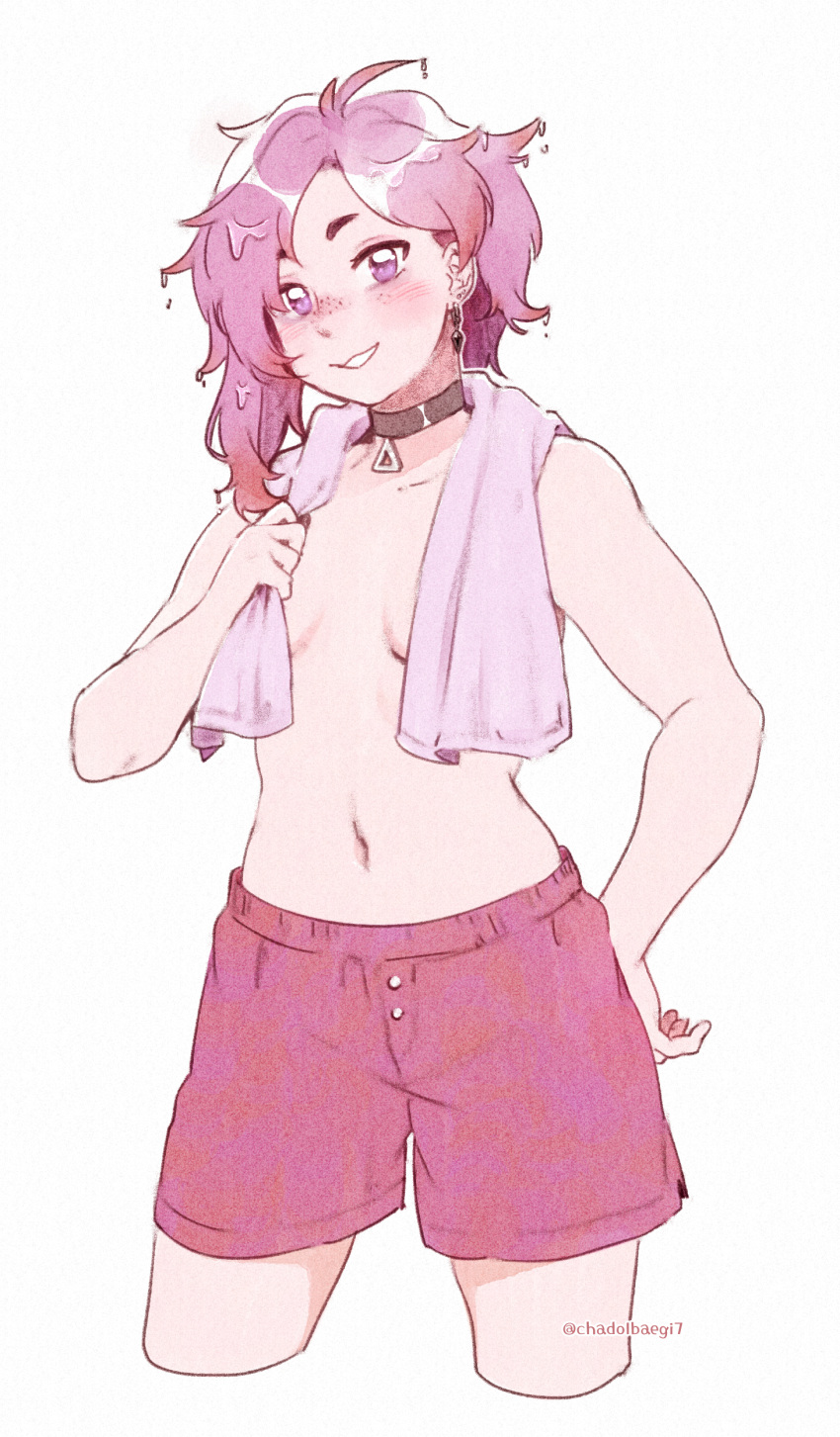 breasts chadolbaegi choker earrings female female_only freckles hand_on_hip looking_at_viewer purple_eyes purple_hair short_hair shorts shorts_only solo solo_female topless towel towel_around_neck