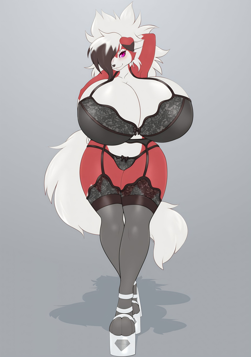 big_ass big_breasts canine furry high_heels huge_breasts hyper_breasts lingerie lycanroc midnight_lycanroc platform_shoes pokemon pokemon_(species) red_fur suika-x thick_thighs white_fur