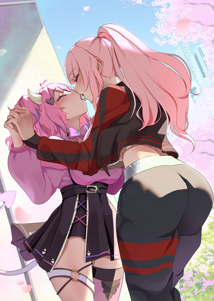 2girls ass big_ass blush closed_eyes dress hi_res holding_hands hololive hololive_english hololive_myth horn ironmouse jacket kissing monobe monobe_yuri mori_calliope pants pink_hair ponytail short_hair size_difference skirt tail virtual_youtuber vshojo yuri