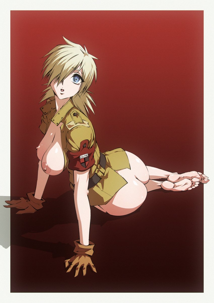 1girls barefoot big_breasts blonde_female blonde_hair blue_eyes breasts_out feet female flou hellsing hellsing_ultimate highres presenting presenting_hindquarters red_eyes seras_victoria short_hair soles vampire