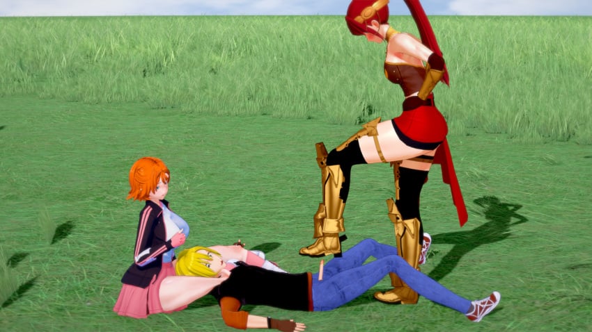 1boy 2girls asphyxiation bootjob boots cbt choke_hold circlet dick female fully_clothed gorget grabbing_own_breast green_eyes high_ponytail jaune_arc long_hair male multiple_girls nora_valkyrie outdoors outside penis pleasure_face ponytail pyrrha_nikos red_hair reverse_rape robotlover rwby sidelocks skirt stepped_on stepping_on_penis stomping stomping_on_dick strangling tears tiny_penis