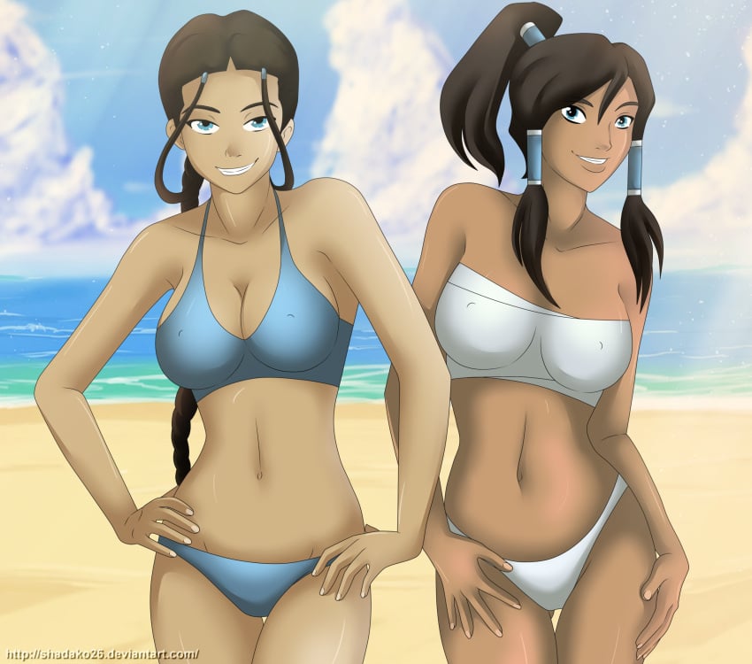 2girls artist_signature athletic_female avatar_legends avatar_the_last_airbender bare_midriff barely_clothed beach bikini blue_eyes brown_hair cleavage cropped_legs dark-skinned_female day deviantart deviantart_username female female_only front_view hair_tubes hands_on_hips katara korra large_breasts long_hair looking_at_viewer medium_breasts mischievous_smile navel nipple_bulge outdoors sand shadako26 smile standing straight_hair strapless_bikini summer swimsuit the_avatar the_legend_of_korra thigh_gap tied_hair time_paradox tomboy tri_tails water water_tribe