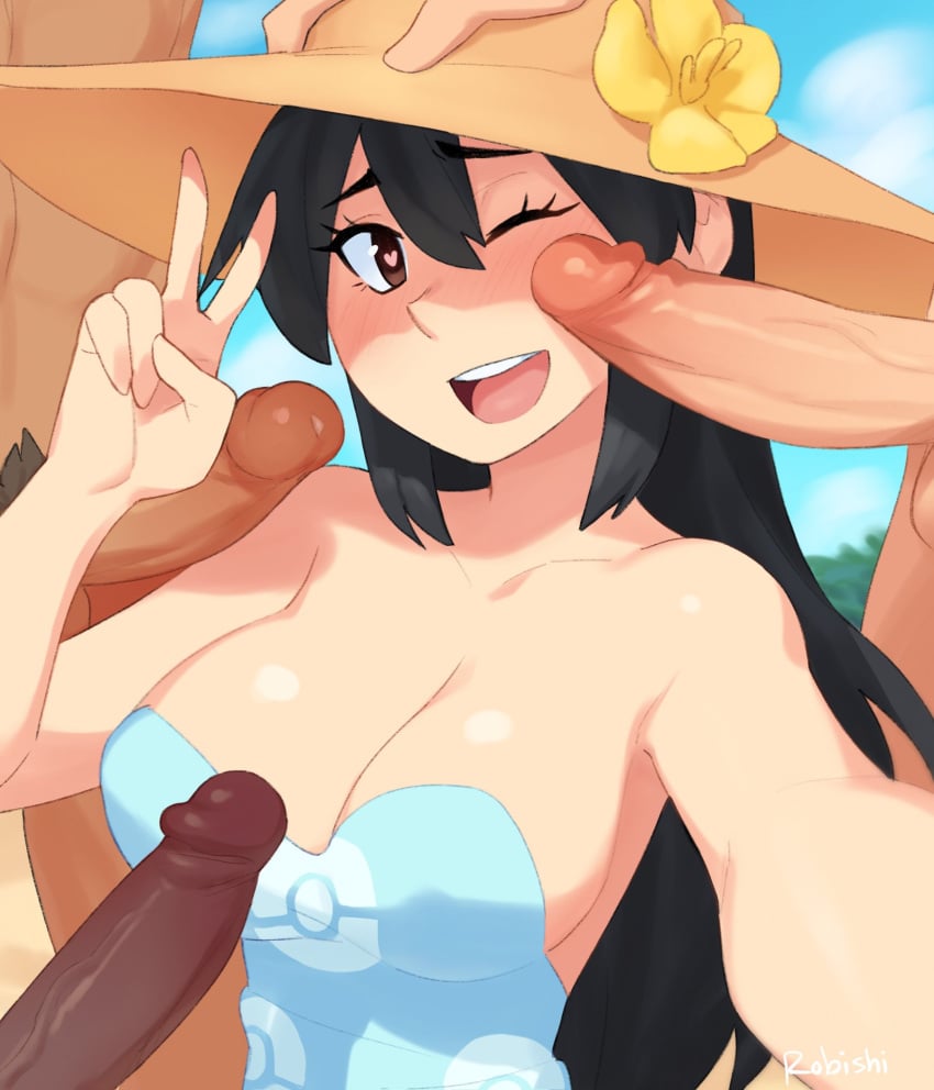 1girls 3boys :d artist_name bangs bare_shoulders black_hair blue_swimsuit breasts cleavage dark-skinned_male dark_skin day english_commentary female female_focus flower hat hat_flower heart heart-shaped_pupils heart_in_eye highres interracial large_breasts light-skinned_female light-skinned_male light_skin long_hair male_pubic_hair multiple_boys npc_trainer one_eye_closed outdoors penis pokemon pubic_hair red_eyes rob_ishi selfie shiny shiny_skin sightseer_(pokemon) smile straight sun_hat surrounded_by_penises swimsuit symbol_in_eye teeth upper_teeth yellow_flower