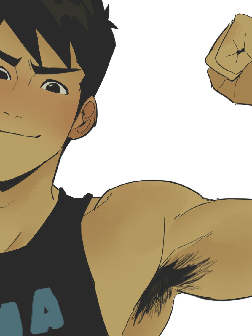 1boy armpit armpit_fetish armpit_hair black_eyes black_hair blush closed_mouth flexing flexing_arms flexing_bicep lad looking_at_viewer male male_focus male_only smiling smiling_at_viewer solo solo_focus solo_male tank_top toumaart