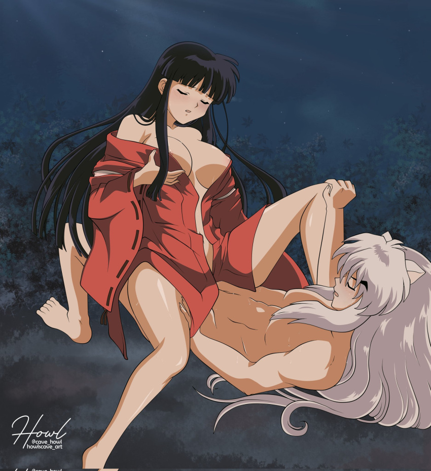 ambiguous_penetration animal_ears asian asian_female canine groping_breast interspecies inuyasha inuyasha_(character) kikyo large_breasts voluptuous voluptuous_female