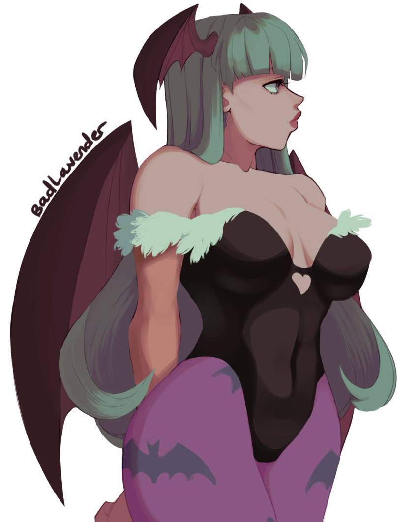 1girls 2022 arms_behind_back armwear badlavender bangs bat_print blunt_bangs capcom clothing darkstalkers demon_wings female female_only green_eyes green_hair head_wings heart_cutout hi_res leotard long_hair looking_away morrigan_aensland pantyhose pink_lips pink_pantyhose small_breasts solo solo_female succubus white_background wings