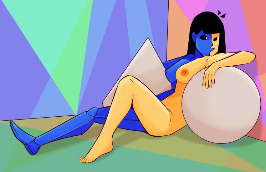 1girls 2d abstract_background becsantus blue_skin breasts detailed_background ena female female_focus female_only fine_art_parody floor inspired_by_formal_art joel_g low_poly nipples nude nude_female on_floor on_ground pinup polygonal sitting sitting_on_floor sitting_on_ground solo solo_female two_tone_body wall yellow_skin