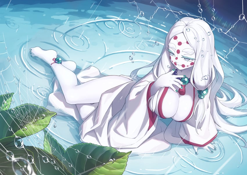 absurd_res anklet arukiru barefoot big_breasts cleavage demon_girl demon_slayer detailed_background facial_markings feet female female_only full_body hi_res jewelry kimetsu_no_yaiba kimono long_hair mother_spider_demon nail_polish necklace on_side open_kimono partially_submerged reclining silver_eyes solo spider_girl spider_web thick_eyebrows toenail_polish very_long_hair water white_body white_hair white_skin yokoyama_stp