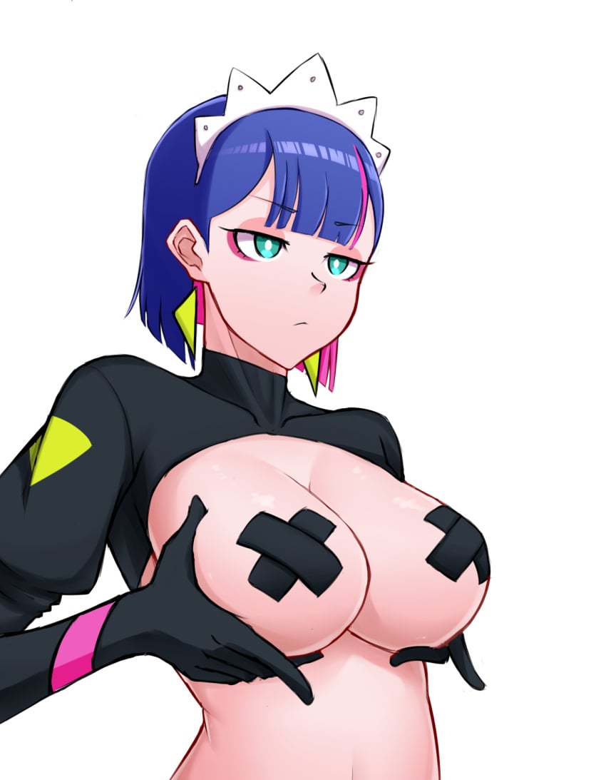 1girls artist_request blue_hair breast_lift breasts emotionless large_breasts maid_headdress mv_character nira-chan solo tape taped_nipples zutomayo