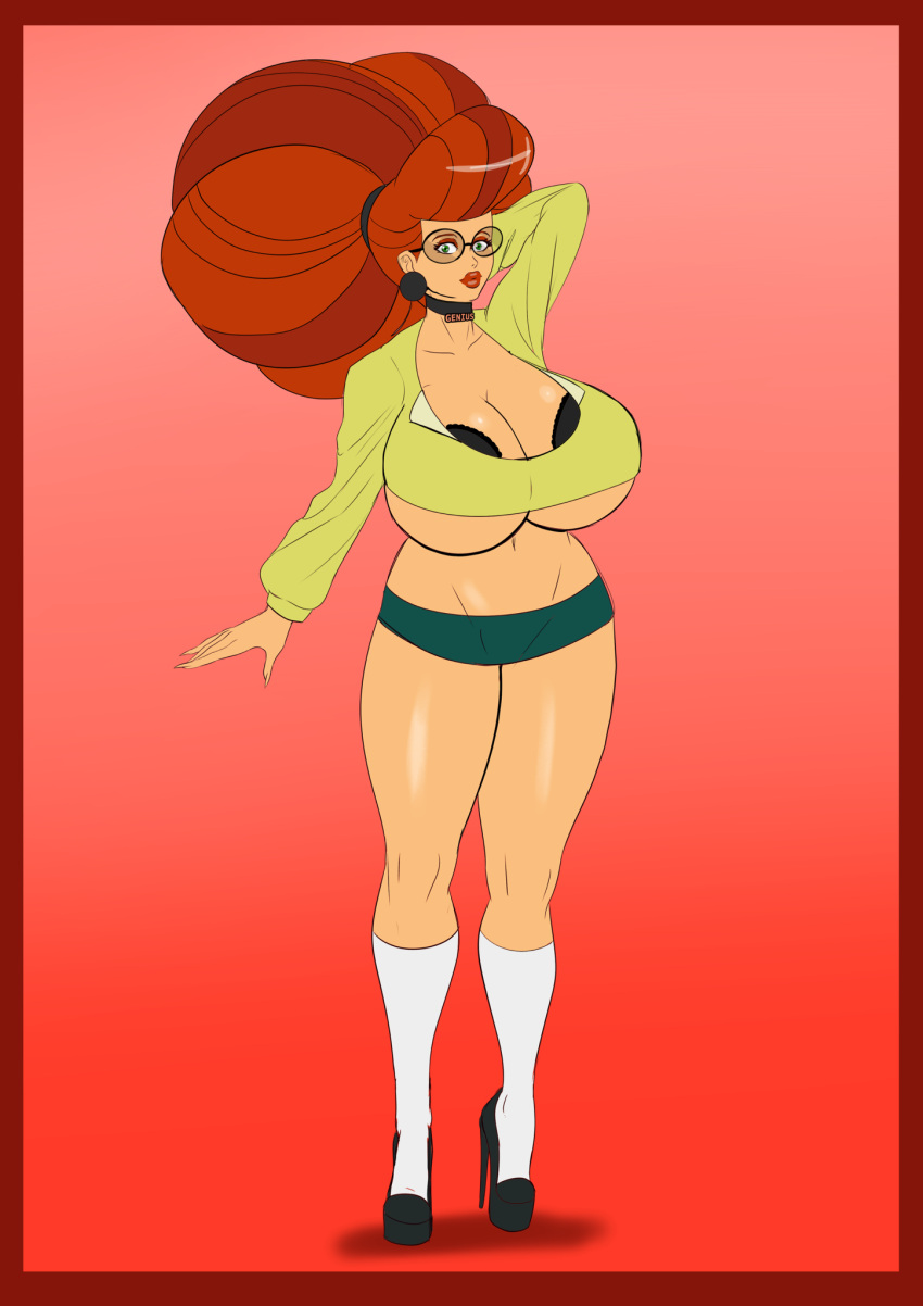 1girls 2022 annon big_hair bimbo breasts cleavage collar earrings eyeshadow female female_only glasses hair_bigger_than_head high_heels huge_breasts lipstick long_fingernails looking_at_viewer makeup orange_lipstick red_hair scarlett_(tdi) skimpy solo thick_thighs thighhighs total_drama:_pahkitew_island total_drama_island