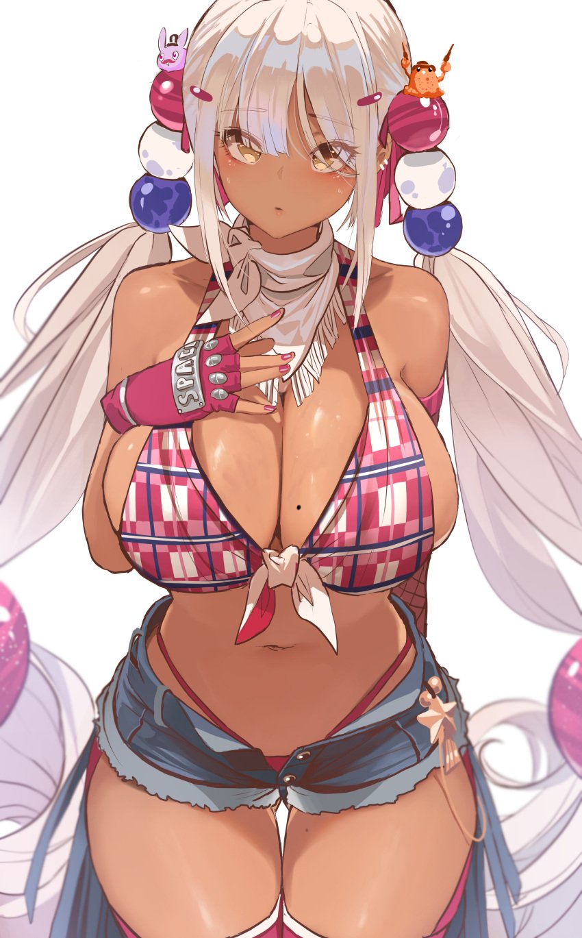 1girls 5_fingers absurd_res bandana bandana_on_neck bare_shoulders beauty_mark belly_button bikini_top blonde_hair blush booty_shorts breasts brown_skin cleavage clothed clothes clothing cowgirl denim_shorts dishwasher1910 eyebrows eyebrows_visible_through_hair eyelashes female female_focus female_only fingerless_gloves fingernails front-tie_top front_view gloves gold_eyes gyaru hair_ornament hand_on_breast hi_res hips hololive hololive_english hololive_english_-council- huge_breasts humanoid jean_shorts long_hair looking_at_viewer mole mole_on_breast nail_polish open_mouth open_shorts panties pink_nails plaid_bikini_top red_panties shiny_skin short_shorts shorts simple_background slim_waist tan tan-skinned_female tan_skin thick thick_thighs thigh_boots thigh_gap thighs tsukumo_sana twintails virtual_youtuber voluptuous white_background wide_hips