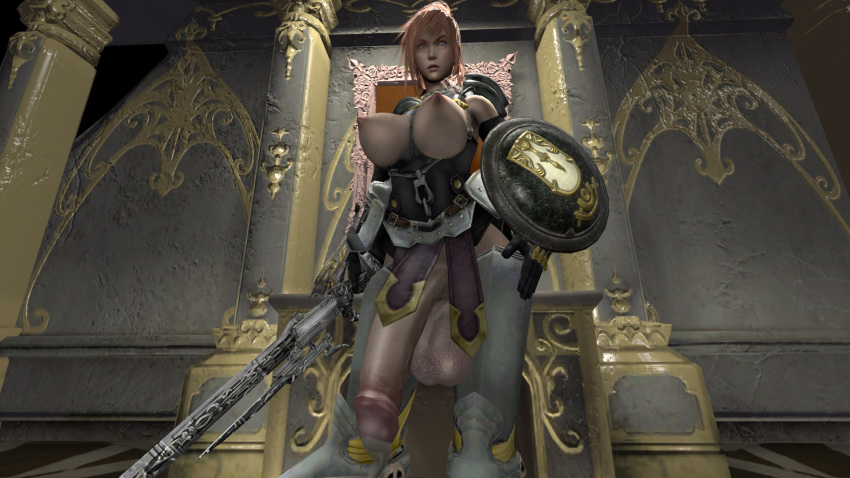 1futa 3d armor big_balls big_breasts big_penis canastus cleavage curvy eclair_farron ejaculation erection final_fantasy final_fantasy_xiii final_fantasy_xiii-2 futa_only futanari hips human mammal partially_clothed penis pink_hair pinup shield solo source_filmmaker sword tagme