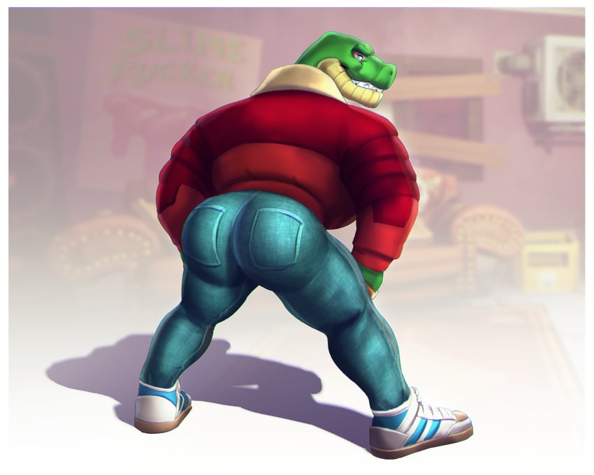 air_conditioner anger_foot apartment big_butt big_chest clothed clothing couch crocodile crocodilian detailed_background door dream_and_nightmare fully_clothed green_body green_eyes grin jeans looking_at_viewer looking_back male male_only muscular muscular_male pockets poster red_jacket round_ass scalie shadow shoes smile smirk solo speaker text thick_ass thick_legs twerking video_games