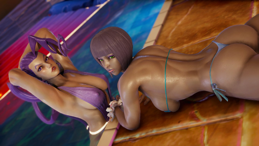 2girls 3d big_ass big_breasts bikini capcom dark-skinned_female ecchi_fighties egyptian egyptian_female green_eyes honey_select interracial interracial_yuri italian italian_female light-skinned_female looking_at_viewer menat_(street_fighter) nipple_bulge nipples_visible_through_clothing pool purple_eyes purple_eyeshadow purple_hair purple_lipstick red_lipstick rose_(street_fighter) sticking_out_tongue street_fighter street_fighter_alpha street_fighter_v tagme tongue yuri