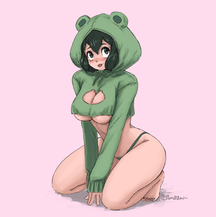 1girls all_fours alternate_version_available artist_name ass bangs barefoot big_ass big_breasts blush breasts cleavage cleavage_cutout clothing crop_top curvy cute dismaiden female female_focus female_only g-string green_eyes green_hair highres hips hoodie human large_ass large_breasts long_sleeves looking_up my_hero_academia on_knees panties pink_background pinup shou signature simple_background smile solo solo_female thick_thighs thighs thong tongue tongue_out tsuyu_asui underboob voluptuous wide_hips