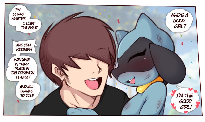 1boy 1girls after_battle blush brown_hair comic english_text eyeless_male female female_pokemon good_girl happy male outside pokémon_(species) pokemon pokemon_trainer praise riolu saltyxodium speech_bubble text text_bubble wholesome