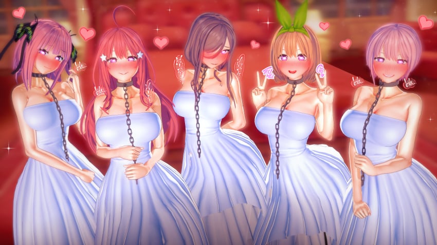 3d 5girls ahoge antenna_hair big_breasts blurred_background blush breeding_slave brown_hair chain_collar chains choker collar female female_only go-toubun_no_hanayome grin hair_ornament hair_over_one_eye hair_ribbon harem heart heart-shaped_pupils koikatsu large_breasts long_hair looking_at_viewer mind_control nakano_ichika nakano_itsuki nakano_miku nakano_nino nakano_yotsuba orange_hair peace_sign pink_hair playing_with_hair quintuplets red_hair ribbon short_hair sisters slave slave_collar small_waist smile speech_bubble standing symbol-shaped_pupils v v-kris wedding_dress white_dress