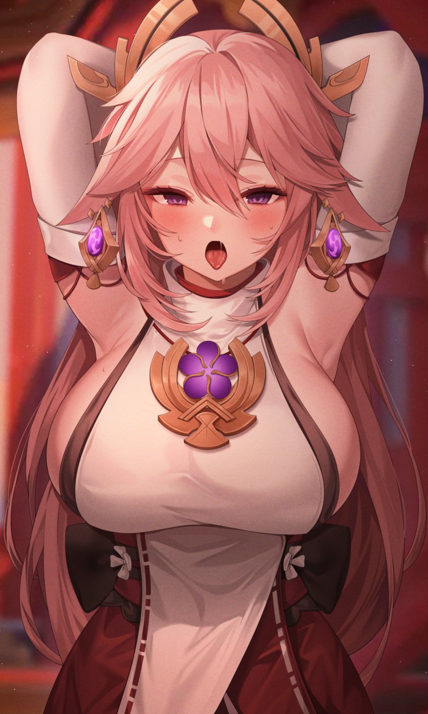 1girls armpits arms_behind_head arms_up big_breasts breasts clothed_female earrings enormous_breasts female female_focus female_only fox_ears fox_girl genshin_impact hair_ornament large_breasts light-skinned_female light_skin long_hair pink_hair purple_eyes reel_(riru) solo yae_miko