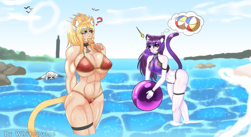 1boy 2girls abs beach_ball beach_balls bikini bikini_bottom bikini_top blonde_hair blue_eyes boshii_(vtuber) breasts cat_ears cat_tail catgirl heterochromia huge_breasts muscular muscular_female nekomimi ocean purple_eyes purple_hair red_eyes small_breasts thinking thor_chan totless_(vtuber) tsuki_kimura virtual_youtuber vrchat whitepulse