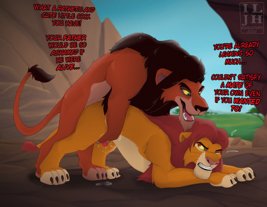 all_fours bent_over bodily_fluids clenched_teeth cum cum_drip digital_media_(artwork) disney dominant dominant_feral dominant_male dripping duo felid feral forced genital_fluids genitals hi_res ilovejudyhopps incest lion looking_up male male/male male_only mammal masturbation motion_lines nephew open_mouth pantherine penis raised_tail rape scar_(the_lion_king) sex simba small_penis teeth text the_lion_king thrusting uncle uncle_and_nephew yaoi