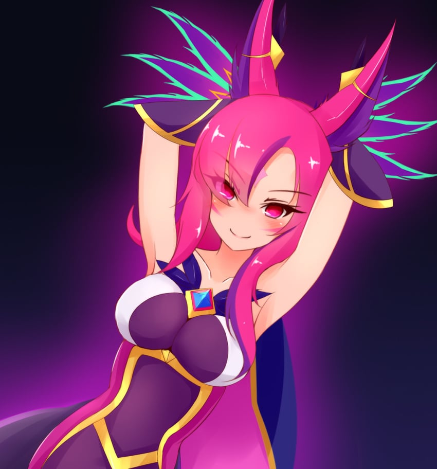 armpits arms_behind_head ayatori league_of_legends medium_breasts pink_eyes pink_hair star_guardian_series star_guardian_xayah xayah