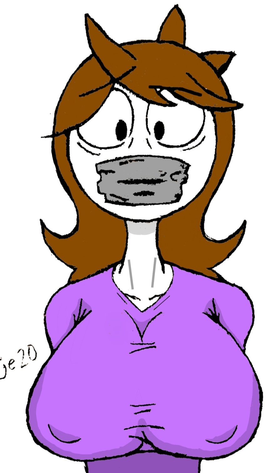 1girls big_breasts black_eyes bondage brown_hair clothed clothing edit female gag jaiden jaiden_animations jaidenanimations je20 long_neck looking_at_viewer neck scared shocked solo tape tape_gag taped_mouth white_body white_skin youtube youtuber