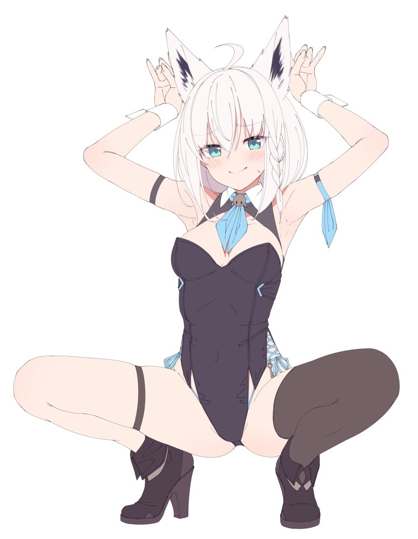 ahoge aqua_eyes armband armbands armpit armpits arms_up big_breasts black_armband black_armwear black_boots black_bunnysuit black_ear_fluff black_high_heel_boots black_high_heels black_legwear black_leotard black_thigh_highs black_thighhighs blue_armband blue_armwear blue_eyes blue_hair blue_striped_hair blue_stripes blue_tie braid braided_hair breasts bunnysuit cinomoon collar_shirt crotch cuffs cuffs_(clothing) female fingers_together fox fox_ears fox_girl fox_tail foxgirl green_eyes hands_above_head heels high_heel_boots high_heels hololive hololive_gamers hololive_gen_1 hololive_japan kitsune legband leotard long_hair not_shaded shirakami_fubuki squatting star tagme tail thigh_highs thighhighs thighs tie tummy unshaded virtual_youtuber white_ahoge white_cuffs white_ears white_fur white_hair white_tail