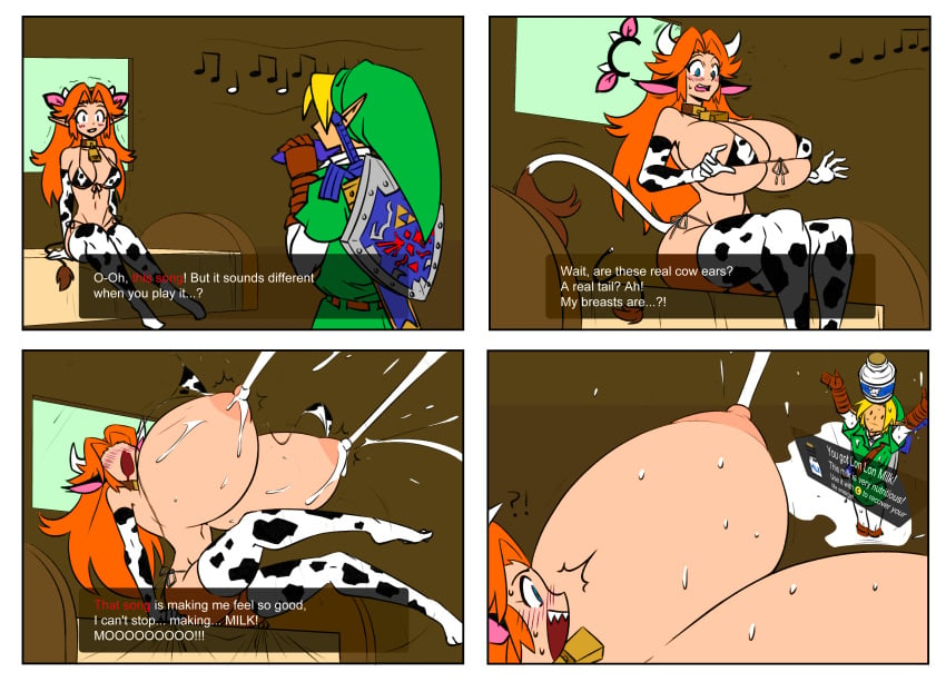 blonde_hair blue_eyes blush breast_expansion breasts comic cow_ears cow_girl cow_horns cow_print cow_print_bikini cow_tail cowgirl english_text epona's_song female horns huge_breasts hyper hyper_breasts kemonomimi lactation large_breasts link link_(ocarina_of_time) looking_pleasured malon matsu-sensei milk nintendo ocarina_of_time red_hair the_legend_of_zelda thick_thighs thighhighs transformation