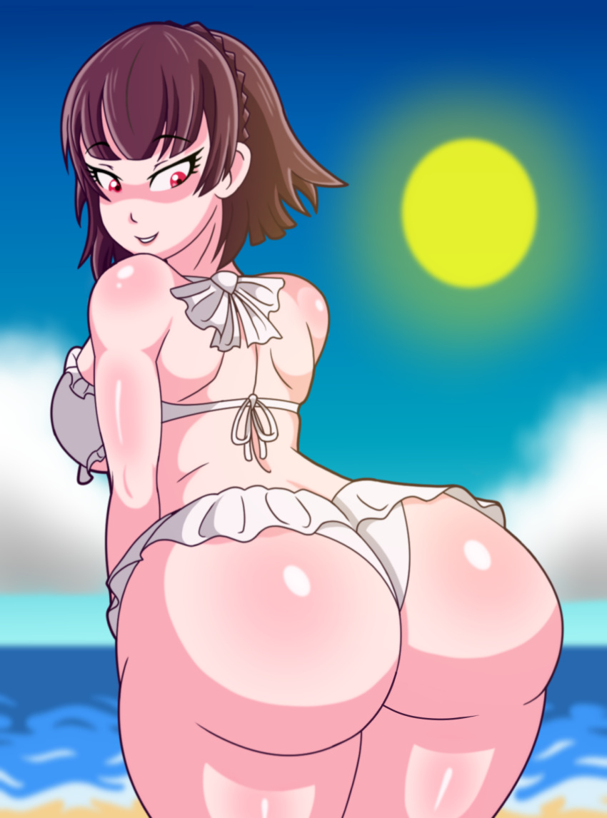 1girls ass ass_focus ass_shake atlus beach big_ass big_butt bikini bikini_bottom bottom_heavy bottomwear brown_hair female female_only kinggargantuas large_ass looking_back looking_down makoto_niijima megami_tensei persona persona_5 red_eyes revealing_clothes solo solo_female solo_focus thick thick_ass thick_thighs white_bikini