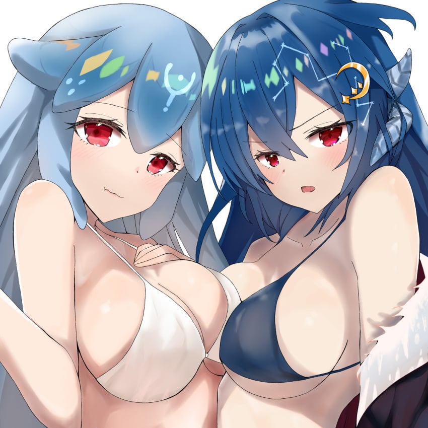 2girls bao_(vtuber) big_breasts blue_bikini blue_bikini_top blue_hair hair_ornament horn horns indie_virtual_youtuber light-skinned_female light_skin multiple_girls open_mouth red_eyes tôm vienna_(vtuber) virtual_youtuber white_bikini white_bikini_top yuri