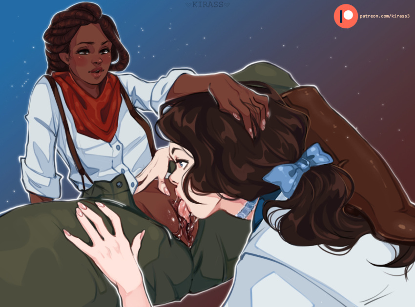 2girls bioshock bioshock_infinite blush bow brown_hair clothed_sex cunnilingus daisy_fitzroy dark-skinned_female dark_skin eating_pussy elizabeth_comstock female female_only hand_on_head human human_only interracial interracial_yuri kirass kirass3 lesbian light-skinned_female light_skin looking_pleasured multiple_girls no_panties open_pants pale-skinned_female pussy_juice saliva shaved_pussy shirt simple_background stars suspenders yuri